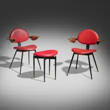 Armchairs, pair and stool from Lutrario Hall, Turin by Carlo Mollino, 1959, enameled steel, vinyl, walnut plywood, brass, sold Oct 2026