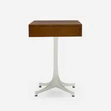 Pedestal occasional table, model 5655 by George Nelson, 1956, walnut, enameled aluminum, sold Oct 2026