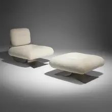 Alta lounge chair and ottoman by Oscar Niemeyer, 1971, sheepskin, stainless steel, Bakelite, sold Oct 2026
