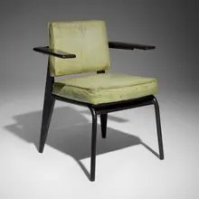 C.P.D.E. armchair by Jean Prouvé, 1934, painted steel, leather upholstery, sold Oct 2026