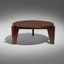 Guéridon Bas coffee table for l'Unité d'habitation Air France, Brazzaville by Jean Prouvé and Charlotte Perriand, 1952, kambala, painted steel, sold Oct 2026