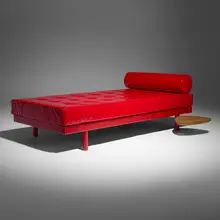 SCAL daybed, No. 450 by Jean Prouvé and Charlotte Perriand, 1953, vinyl upholstery, enameled steel, oak, sold Oct 2026