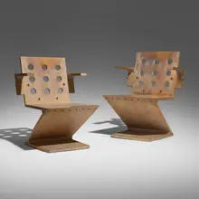 Zig-Zag armchairs, pair by Gerrit Rietveld, oak with whitewash finish, brass, sold Oct 2026