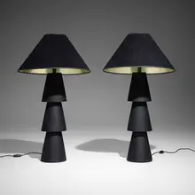 Prototype Sawtooth table lamps, pair by Michael Boyd, c. 2012, lacquered wood, cotton shade, patinated brass, sold Oct 2026