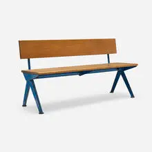 Bench from the Électricité de France, Marcoule by Jean Prouvé, c. 1954, oak, bent and enameled steel, sold Oct 2026