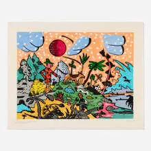 Van Gogh in the Tropics by Roy De Forest, 1999, woodcut in colors on Thai mulberry in artist-made frame, sold Oct 2026