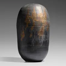 Alchemy Gold Closed Form (with rattle) by Toshiko Takaezu, c. 1985, glazed stoneware, sold Oct 2026
