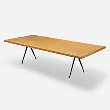 Compas dining table base by Jean Prouvé, 1953, oak, enamamled steel, sold Oct 2026