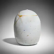 Closed Form (with rattle) by Toshiko Takaezu, c. 1978, glazed stoneware with gold kintsugi, sold Oct 2026