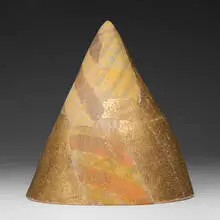 Gold Cone by Rick Dillingham, 1979, purposefully broken and reassembled raku-fired, glazed, and gilt earthenware, sold Oct 2026