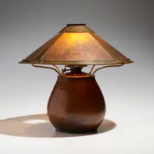 Exceptional and Early large table lamp by Dirk van Erp and Eleanor Elizabeth D'Arcy Gaw, 1910, handwrought copper, mica, sold Oct 2026