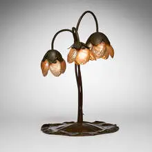Three-light abalone shell lamp by Elizabeth Eaton Burton, c. 1905-1910, handwrought copper, copper tubing, abalone shell, sold Oct 2026