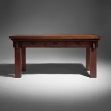 Partners library table from the Arthur Jerome Eddy House, Pasadena, California by Frederick Roehrig and Arthur Jerome Eddy, c. 1905, cypress, mahogany, patinated iron, sold Oct 2026