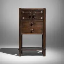Rare and Early work cabinet by Gustav Stickley, c. 1901-02, oak, handwrought copper, sold Oct 2026