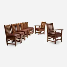 Dining chairs, set of eight by L. & J.G. Stickley, c. 1913, oak, leather, sold Oct 2026