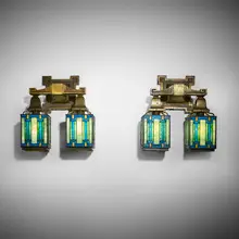 Prairie School sconces, pair by Giannini & Hilgart, c. 1910, slag glass, brass, sold Oct 2026