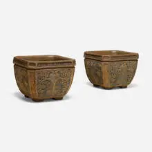 Planters with peacocks and trees, pair by Ernest A. Batchelder, c. 1920, glazed stoneware, sold Oct 2026