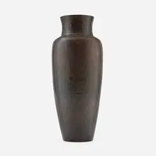 Early and Tall vase by Dirk Van Erp, c. 1911, handwrought patinated brass, sold Oct 2026