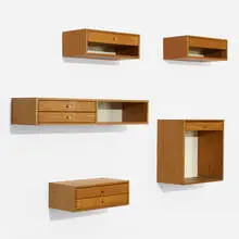 wall-mounted cabinets, set of five by Aksel Kjersgaard, c. 1975, oak, aluminum, lacquered wood, sold Jul 2020