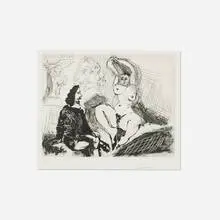 Homme assis auprès d'une femme coiffant, avec, derrière, deux peintres (from La Série 347) by Pablo Picasso, 1968, aquatint and drypoint on BFK Rives, sold Oct 2026