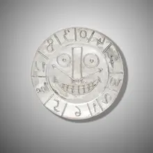 Visage en forme d’horloge by Pablo Picasso, 1957, repoussé silver, sold Oct 2026