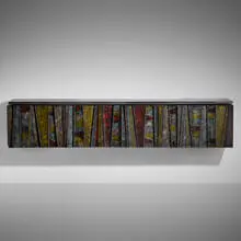 wall-mounted cabinet, model PE 19 by Paul Evans, 1967, welded and patinated steel, slate, sold Jun 2020