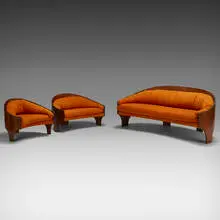Intimate Island suite by Henry P. Glass, 1966, walnut plywood, upholstery, sold Mar 2020