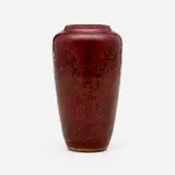 Experimental vase by Hugh C. Robertson, 1885-89, Ruby Pigeon Feather-glazed stoneware, sold May 2022