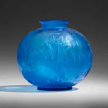 Poissons vase by René Lalique, 1921, frosted and polished electric blue glass, sold May 2022