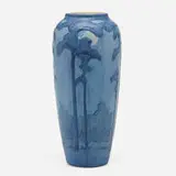 Vase with tall pines and full moon by Anna Frances Simpson, 1929, glazed earthenware, sold May 2022