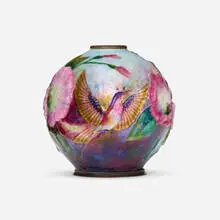 Vase with hummingbirds by Camille Faure, c. 1940, enameled copper, sold May 2022