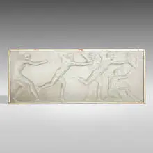 Athlètes panel, model C by René Lalique, c. 1928-30, molded glass, metal frame, sold Feb 2022