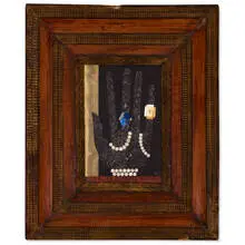 Untitled (Hand with jewels) by Richard Blow, c. 1965, hand-cut hardstone inlay in artist's frame, sold Oct 2019