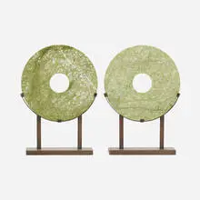 Discs, pair by William Bliss Baker, patinated steel, green onyx, sold Nov 2021