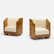 barrel chairs, pair by Art Déco, c. 1925, maple burl, upholstery, sold Aug 2019