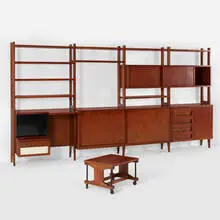 Custom library by Ico Parisi, 1958, Italian walnut, enameled steel, laminate, lacquered wood, sold Aug 2019