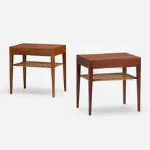 nightstands, pair by Severin Hansen Jr., c. 1965, stained teak, cane, sold Aug 2019