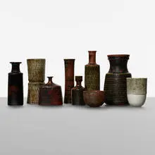 collection of nine vessels by Stig Lindberg, c. 1955, glazed stoneware, sold May 2019