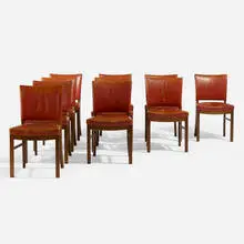 dining chairs, set of ten by Fritz Hansen, c. 1945, stained oak, leather, steel tacks, sold May 2019