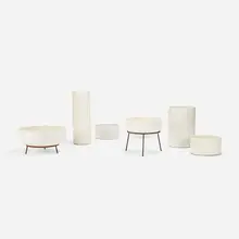 collection of six planters by Architectural Pottery, c. 1965, glazed ceramic, patinated steel, sold Nov 2018
