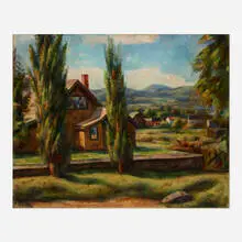 Houses in Valley by Henry Lee McFee, oil on canvas, sold Apr 2021