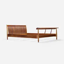 full-size bed by Finn Juhl, c. 1951, walnut, maple, sold Oct 2018