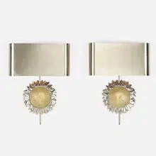 Sconces, pair by Maison Charles, c. 1970, stainless steel, brass, chrome-plated brass, sold Apr 2021