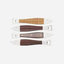 bottle openers model 4987, set of four by Carl Auböck III, 1955, stainless steel, leather, rosewood, cane, sold Aug 2018