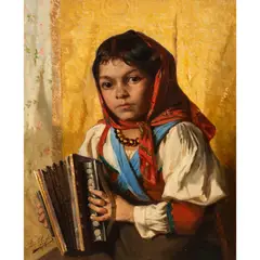 Young Girl with Accordian by Léon Herbo, 1875, oil on canvas, sold Oct 2026