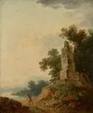 Paysage à la colonne et Paysage à l'obélisque tronqué Paire d'huiles sur papiers marouflés sur bois 20 x 17 cm by dit l'Aîné Louis-Gabriel Moreau, Paire d'huiles sur papiers marouflés sur panneaux, sold Jan 2016