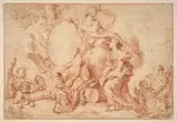 Projet de frontispice illustrant une allégorie de la Guerre et de la Musique by Charles-Nicolas Cochin le Jeune, Sanguine, trait d'encadrement à la sanguine, sold Mar 2016