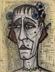 Travesti [Clown] by Bernard Buffet, 1955, Aquarelle et encre (plume et lavis) sur papier collée sur panneau d'isorel, sold Oct 2026