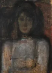 Jeune femme aux lèvres rouges by Ibrahim Shahda, 1959, Pastel sur papier journal, sold Oct 2026