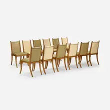 dining chairs model no. 105, set of twelve by T. H. Robsjohn-Gibbings, c. 1969 / 1978, walnut, leather, brass, sold Mar 2018